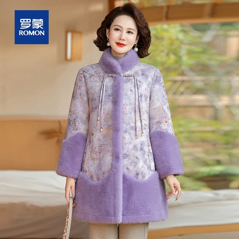 罗蒙新中式妈妈冬装皮毛一体水貂绒外套女加厚中年女装保暖大衣服