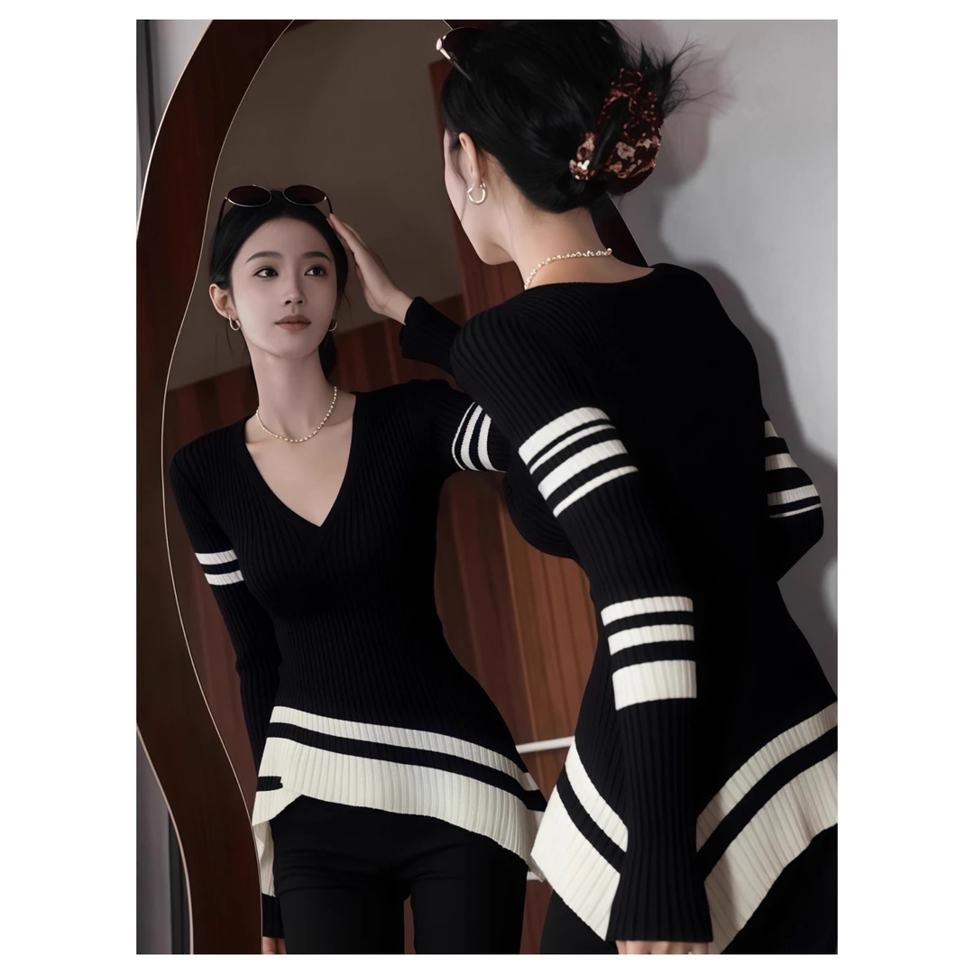 黑色v领不规则下摆修身收腰针织衫毛衣女秋冬巨好看的上衣不撞款