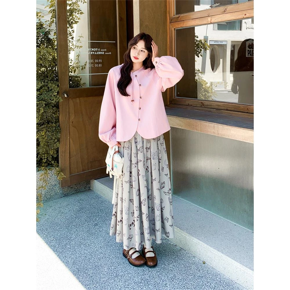 新中式国风粉色衬衫碎花半身裙套装女春秋ootd韩系绝美两件套超火