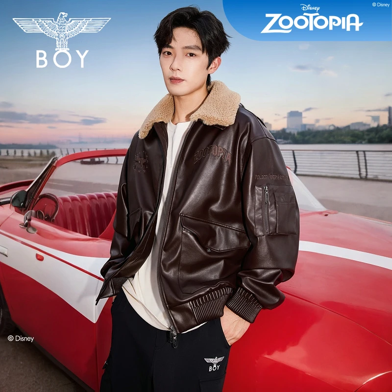 【迪士尼疯狂动物城合作】BOYLONDON男女同款仿皮夹克外套冬N25011