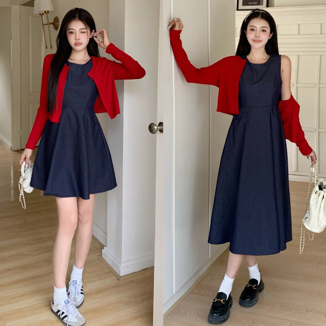 大码女装胖mm新款显瘦遮肚哺乳连衣裙喂奶牛仔背心裙长袖披肩减龄