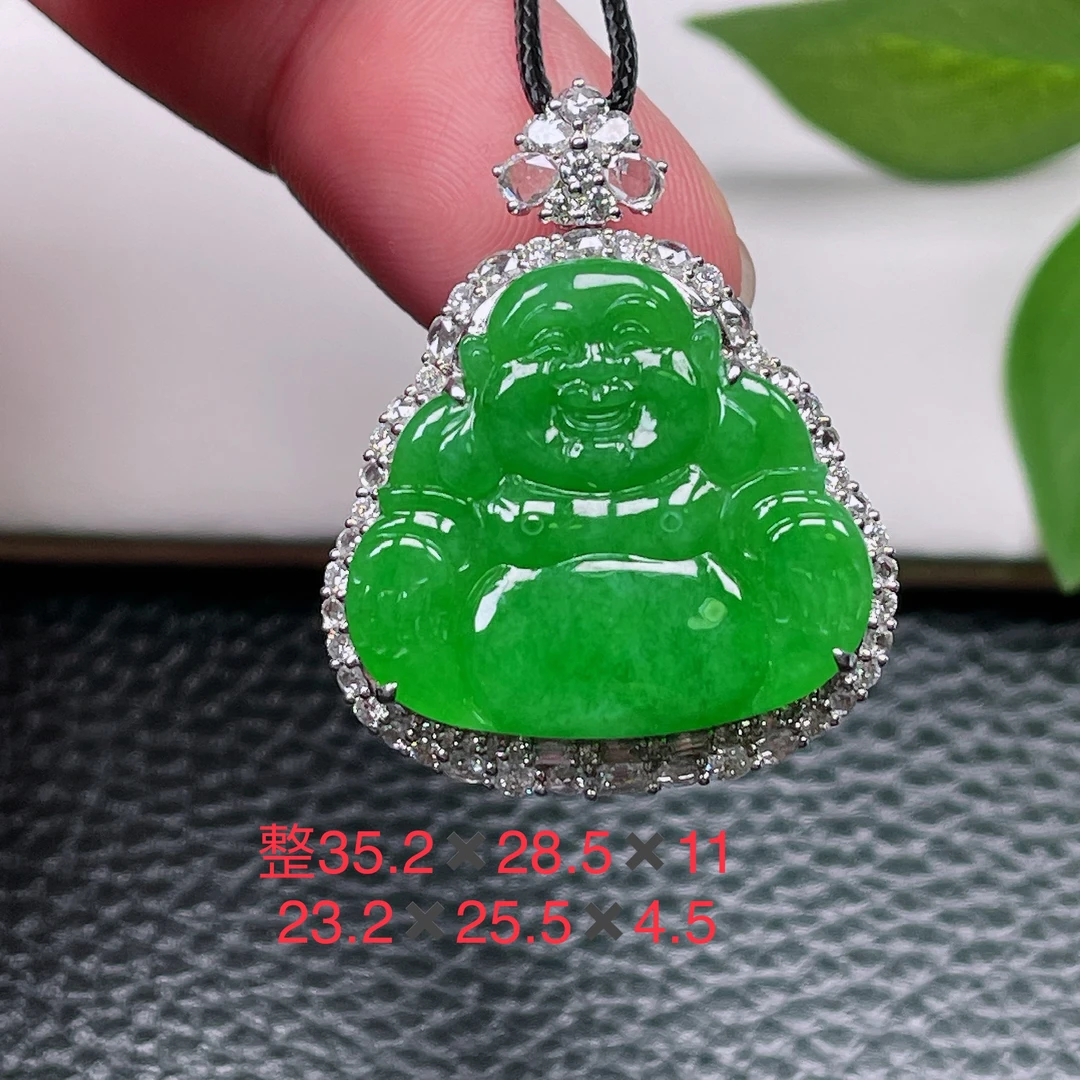 缅甸天然翡翠A货～冰种满色满绿佛公吊坠冰润18k金豪镶玉佛挂件10