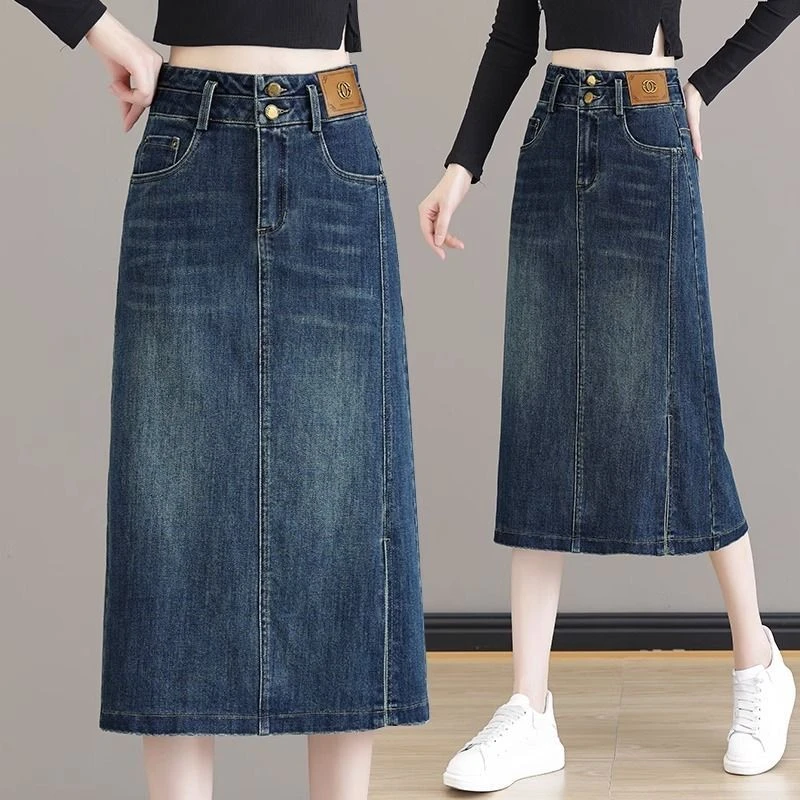 2025春夏季新款高腰开叉牛仔半身裙女中长款a字包臀一步过膝裙子