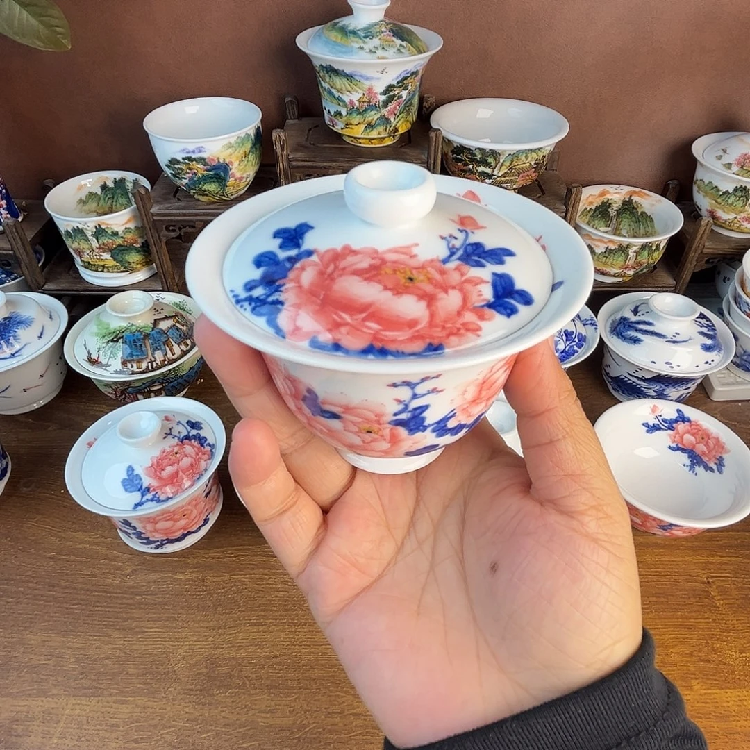 忠意堂釉下彩红牡丹盖碗微瑕不退
