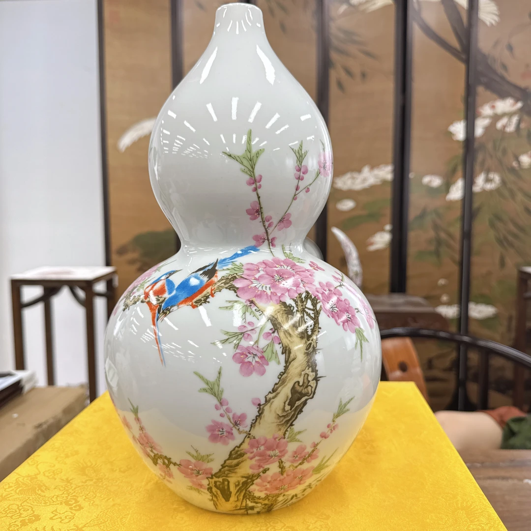 【袁氏瓷业】水点桃花葫芦瓶+底座