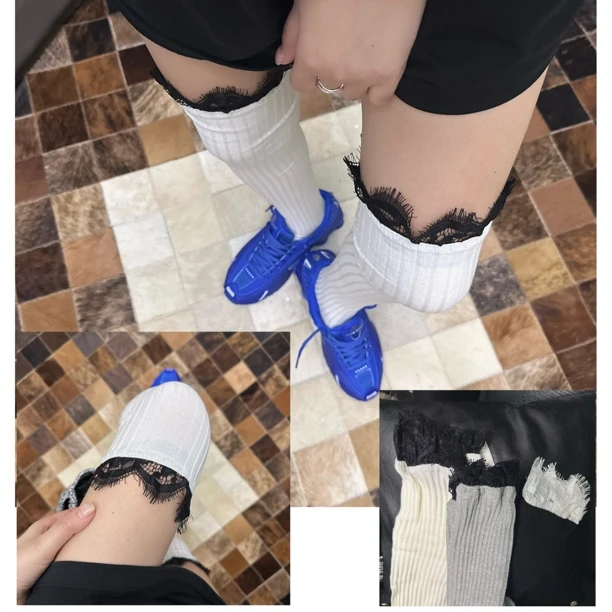 过膝蕾丝花边女潮袜百搭高级轻奢品质ins设计师穿搭街拍网红