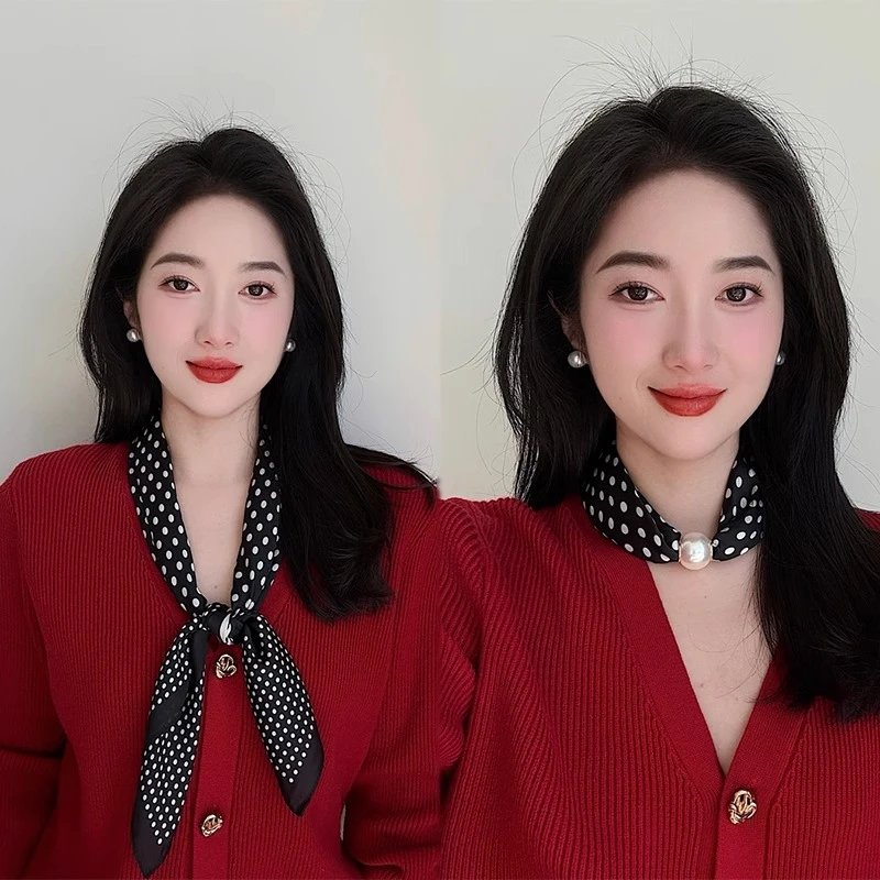 黑色长条波点磁扣拼接丝巾春秋季复古高级感百搭领巾气质围巾装饰