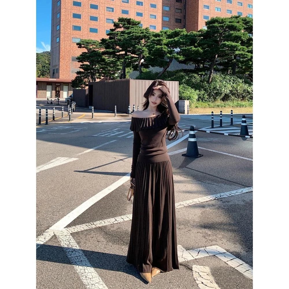 气质名媛一字肩时尚套装女秋冬新款韩版显瘦休闲褶皱阔腿裤两件套