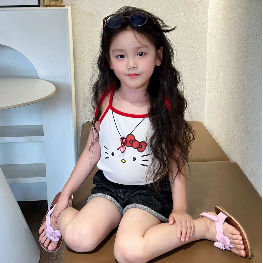 壹妈童装韩系套装夏季女童卡通kitty猫吊带背心可爱宝宝牛仔短裤