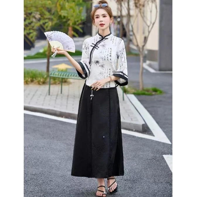 新中式国风汉服印花盘扣改良旗袍两件套装裙#8823【衣长52裙长84】