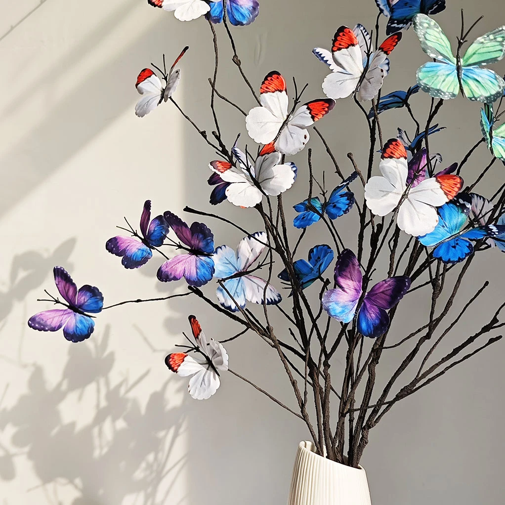 仿真枯枝蝴蝶假花插花装饰干枝创意年宵花家居花艺摄影道具摆件