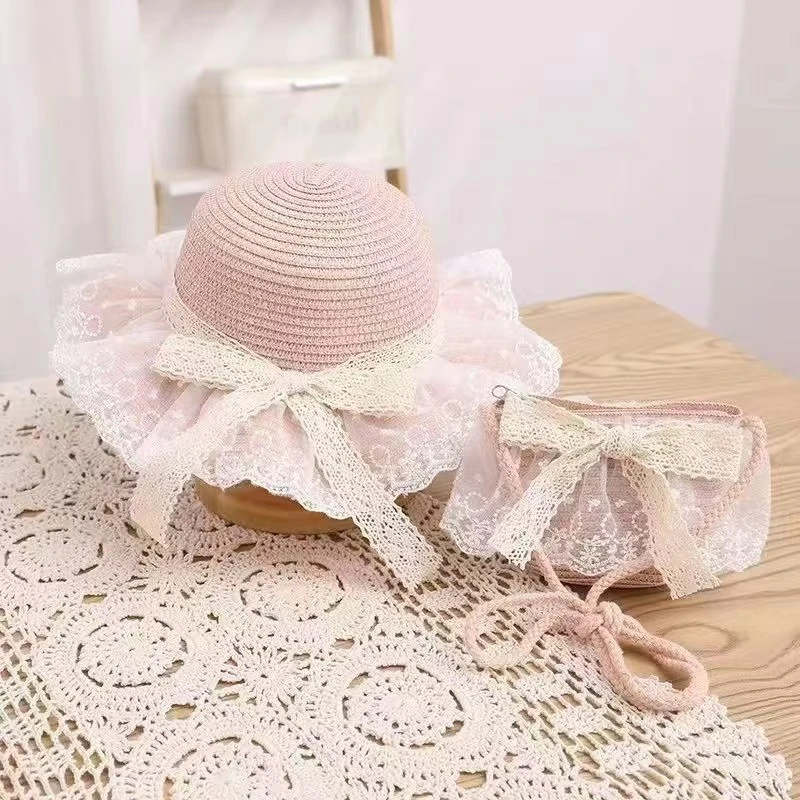 蕾丝花边蝴蝶结太阳帽儿童草帽公主夏天百搭遮阳帽夏季宝宝防晒帽