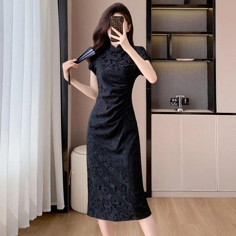 新中式黑色改良旗袍名媛高端大气修身连衣裙女国风提花气质小黑裙