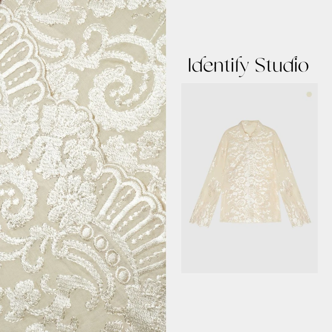 IDENTIFY“绣影素衫”春季新款刺绣花纹立领衬衫上衣25SS