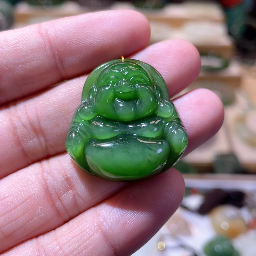 颈饰未镶嵌和田玉收藏级碧玉绿猫眼佛公