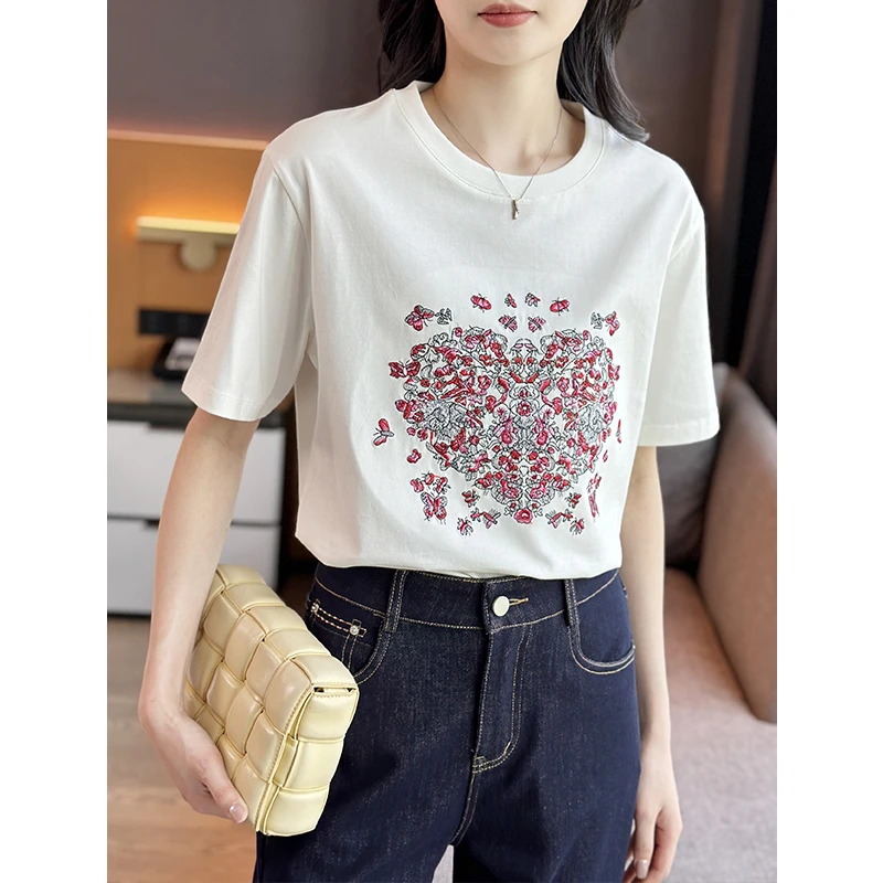 左左家 D小姐~重工爱心花卉蝴蝶刺绣短袖T恤女圆领休闲棉质上衣