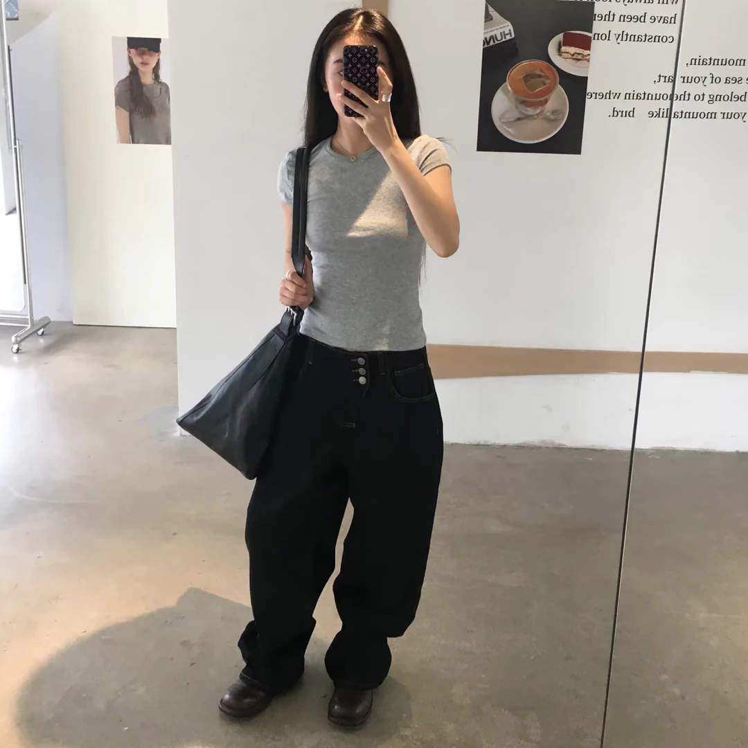 2025秋新款腰头不规则斜扣牛仔裤女显瘦直筒裤长裤丹宁风高级小众