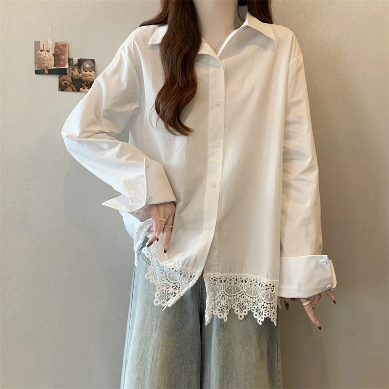 大码女装假两件设计感蕾丝拼接衬衫春季时尚宽松显瘦衬衫女