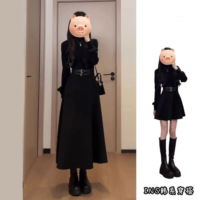 pinkmoon||法式黑色内搭连衣裙子女秋季新款掐腰裙圣诞约会穿搭