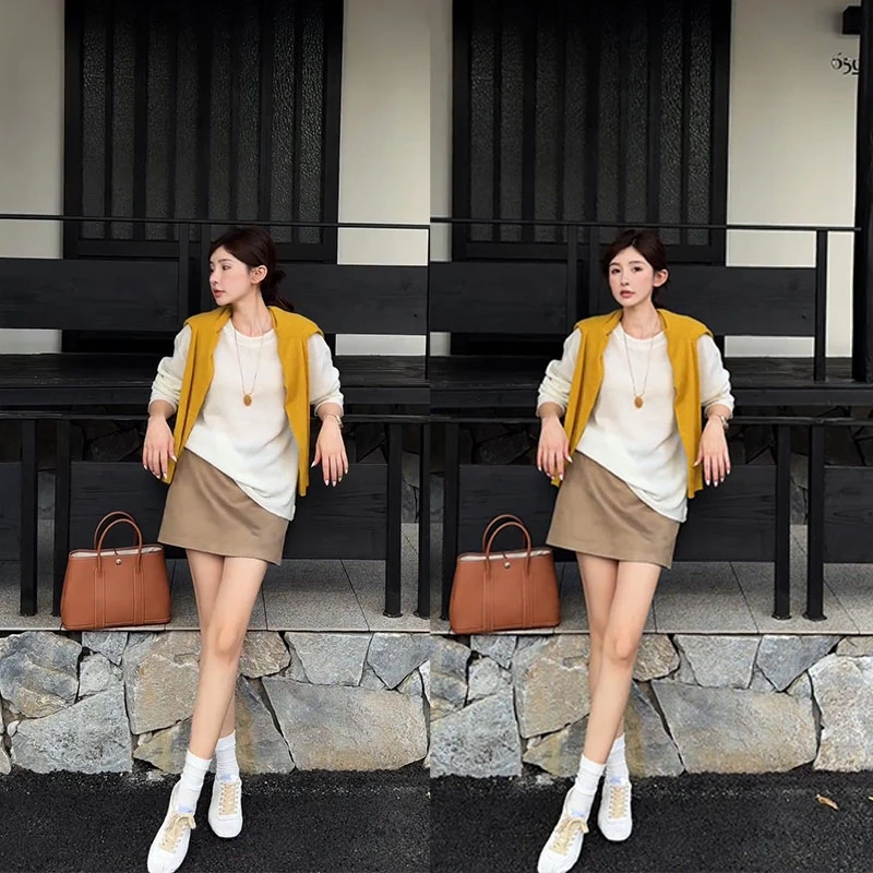 2025秋季新款设计感一整套时尚百搭长袖圆领上衣女半身短裙两件套