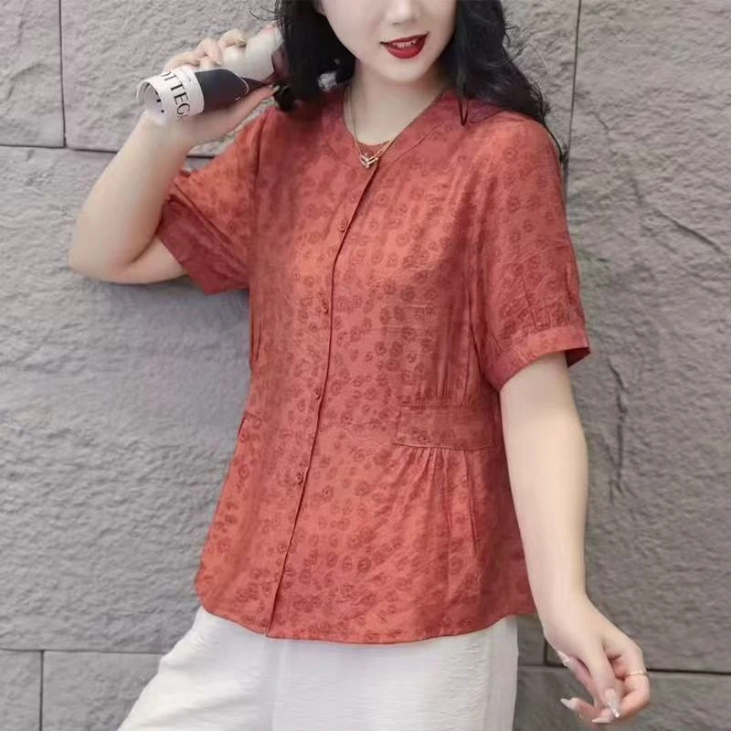 年轻妈妈装圆领短袖提花衬衫女夏新款开衫宽松显瘦上衣8007