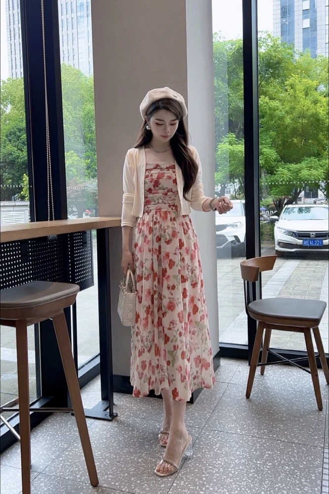 春天的第一条仙女裙温柔风玫瑰碎花吊带收腰显瘦一字领抹胸连衣裙