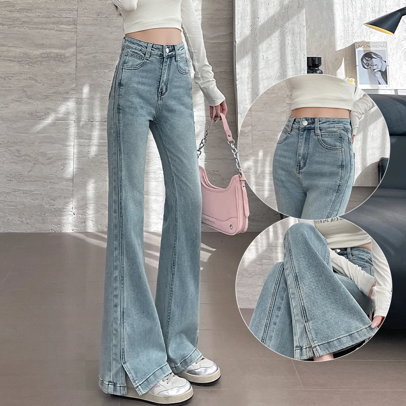 开叉喇叭裤女2025年秋季新款高腰显瘦修身超火辣妹微喇牛仔裤