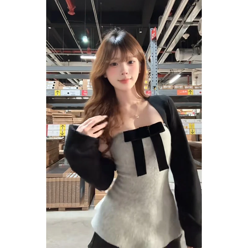 parkyeon秋冬新款法式针织披肩蝴蝶结背心上衣女高腰休闲裤裙套装