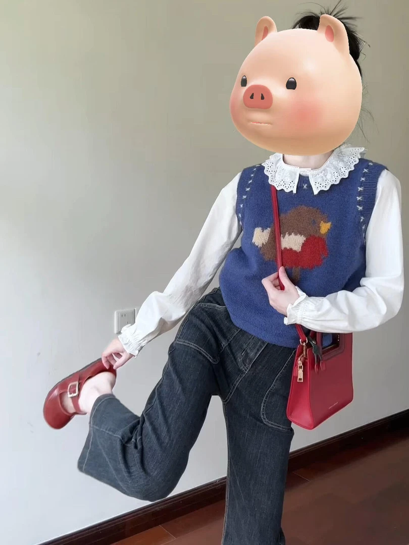 2025早秋新款韩系氛围感穿搭花边衬衫上衣针织马甲牛仔裤三件套女