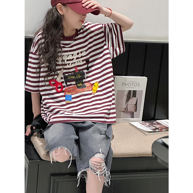 K28654孙小美韩系女童条纹短袖T恤2025夏装大童儿童上衣半袖