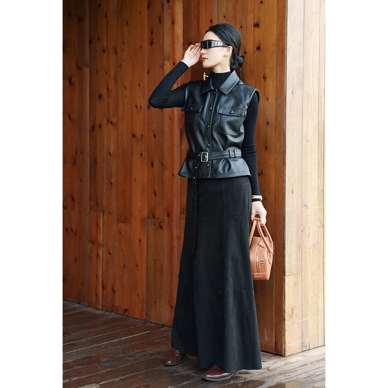 宋宋专属【米兰笔记】黑色PU皮马甲秋季女宽松无袖潮流短外套预售