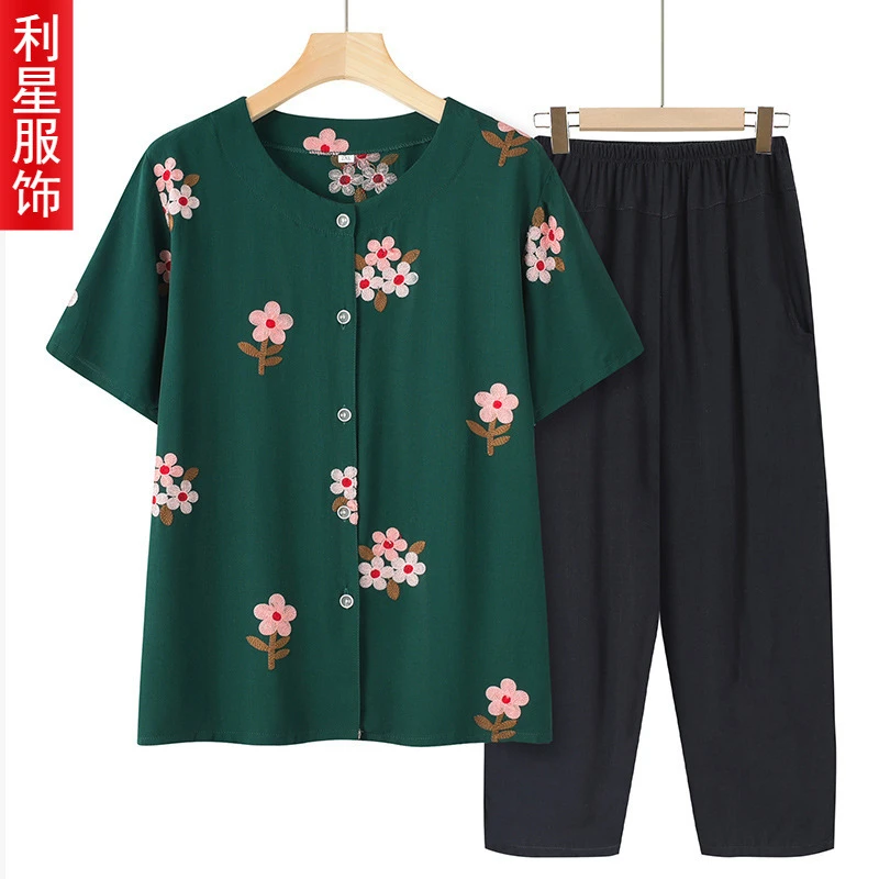 短袖夏装开衫上衣女宽松中老年人套装衬衫棉绸奶奶衣服两件套2025