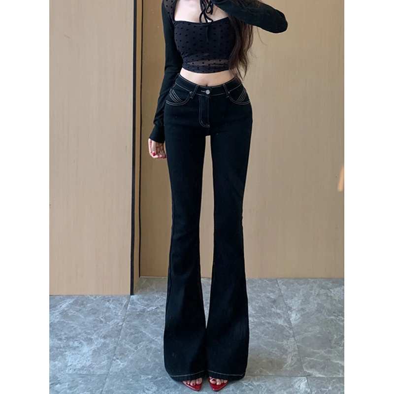 美式辣妹丰胯微喇牛仔裤女秋季新款黑色修身高腰弹力显瘦马蹄长裤