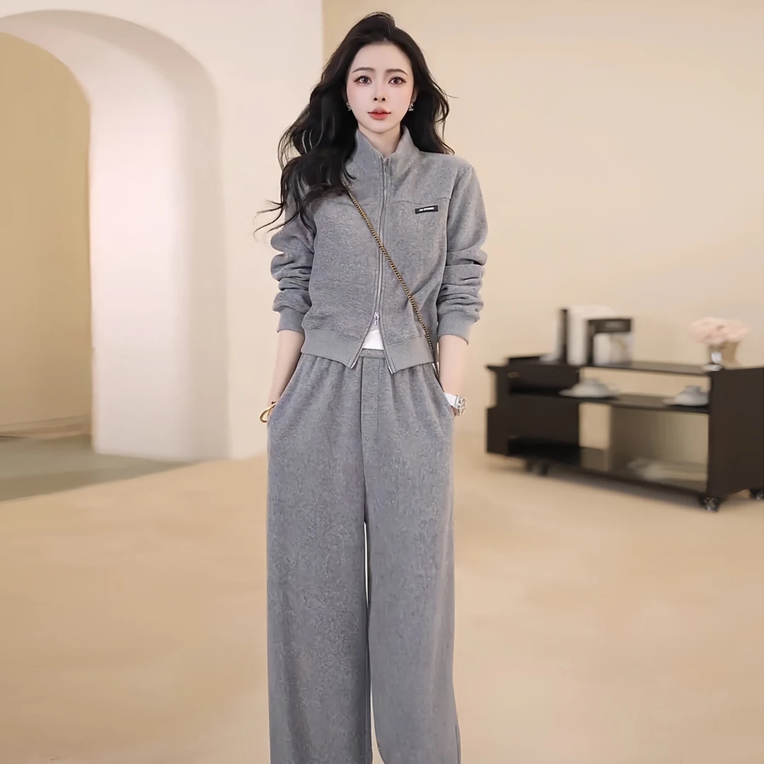 韩系早秋穿搭一整套时尚休闲套装女气质显瘦高级感卫衣阔腿裤两件
