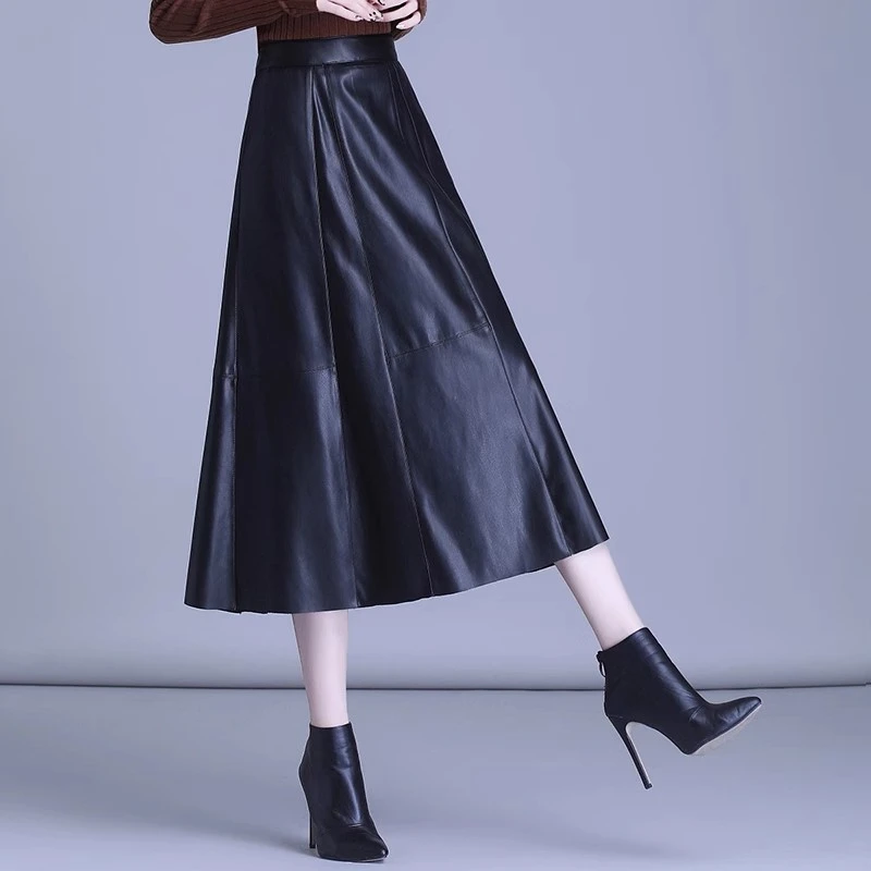 海宁真皮裙女皮半身裙百褶A字大摆裙LFR-2081