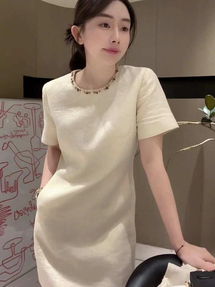 轻奢气质彩色钉珠小香风连衣裙2025新款夏季收腰显瘦短袖裙子