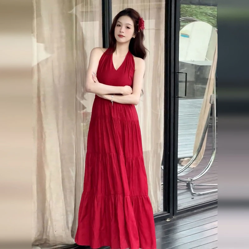 2025海边度假红色挂脖吊带连衣裙子女夏季高级感气质收腰长裙3852