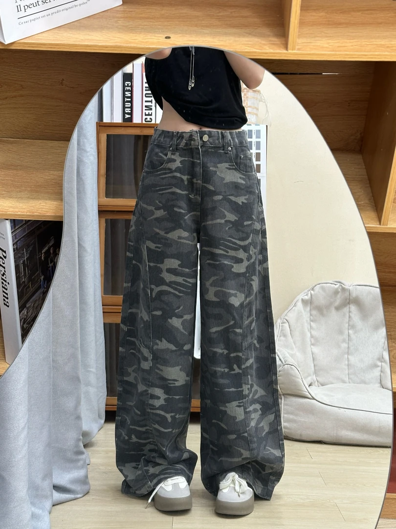 陆笙好迷彩显瘦复古弯刀宽松做旧女高腰牛仔裤水洗长裤欧美直筒