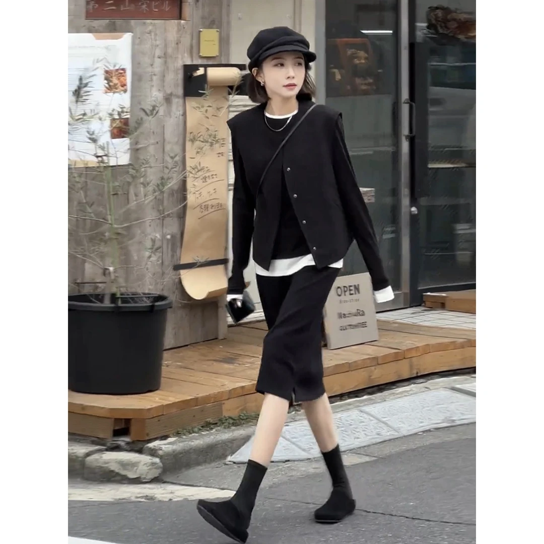 2025秋季超火一整套轻奢高级感巨好看大方得体黑色马甲三件套装裙