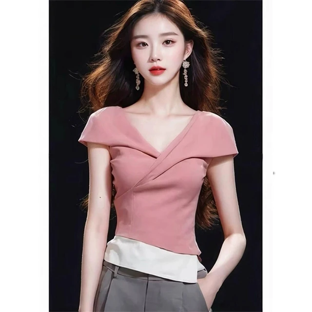 粉色假两件短袖t恤女2025新款夏季洋气独特别致冷淡系高级感上衣