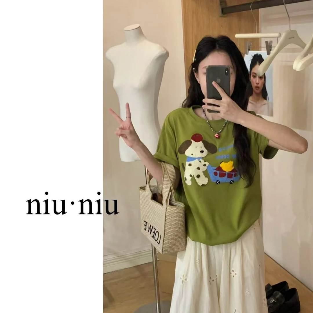 重工刺绣购物小狗韩系ins风短袖T恤