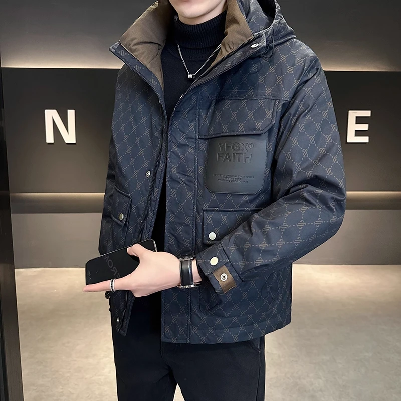 格子羽绒服男士印花冬季加厚连帽2025新款高端潮牌短款白鸭绒外套