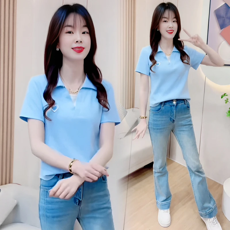 高含棉简约时尚纯色polo领短袖t恤2025年夏季新款修身显瘦上衣潮