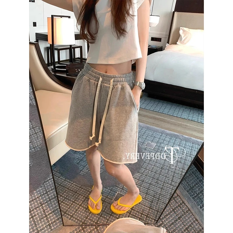 运动灰色卷边短裤女夏季款松紧腰系带宽松五分裤显瘦休闲阔腿裤子