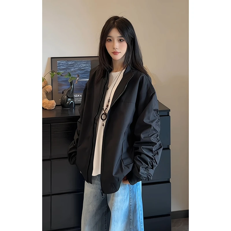 潮牌黑色夹克外套男cleanfit秋季短款痞帅美式拼接工装立领棒球服