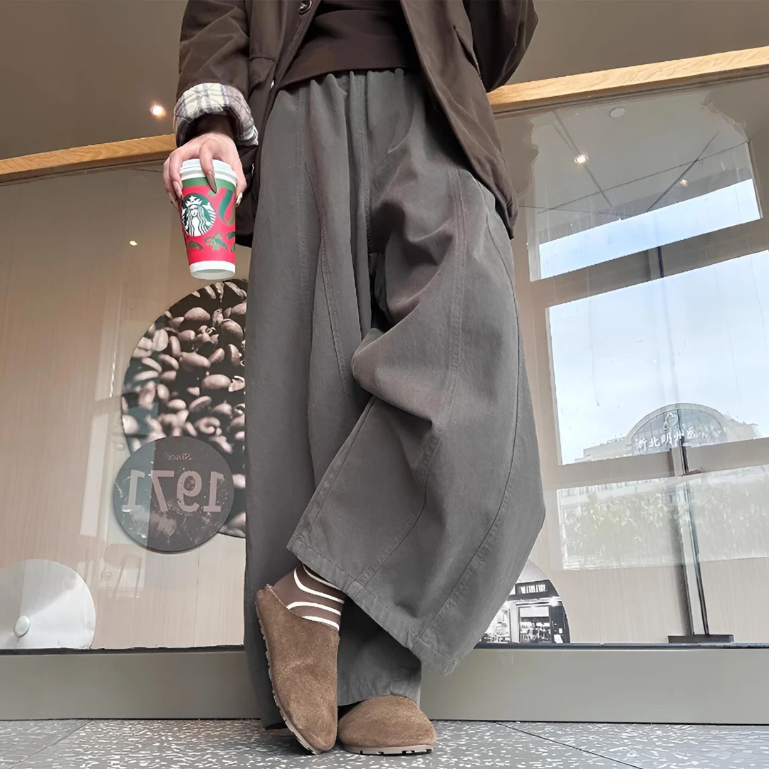 日系深灰色九分阔腿裤女小个子慵懒风胖mm遮胯宽腿粗休闲气球裤子