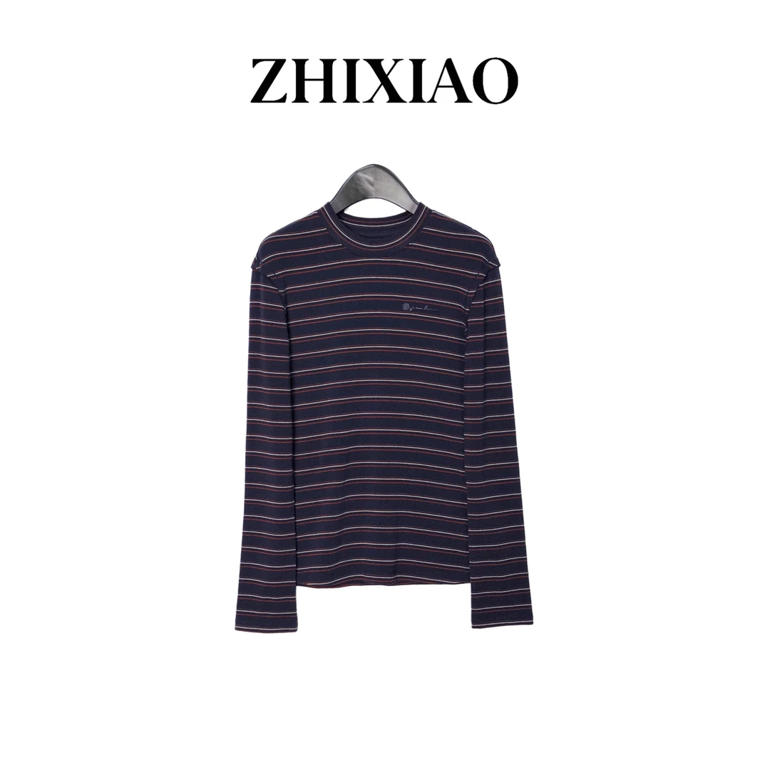 【ZHIXIAO】秋冬新款：刺绣圆领条纹上衣7019-1