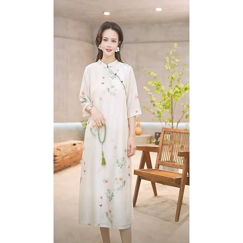 新款赠李白 原创中国风桑蚕丝显瘦时尚旗袍七分袖A字连衣裙8005