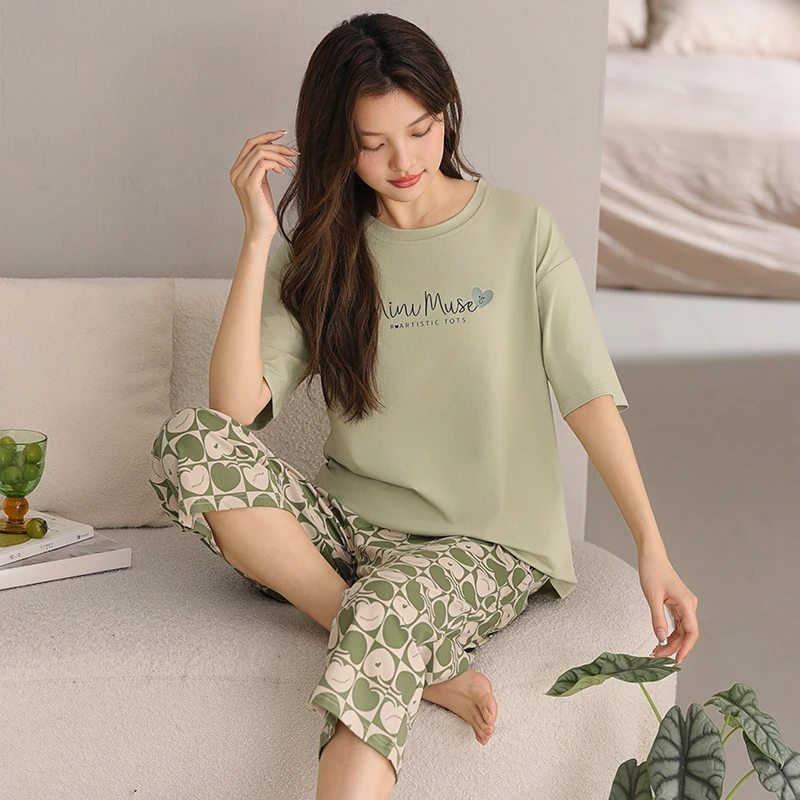 睡衣女夏季纯棉短袖七分裤2025新款可外穿甜美家居服套装