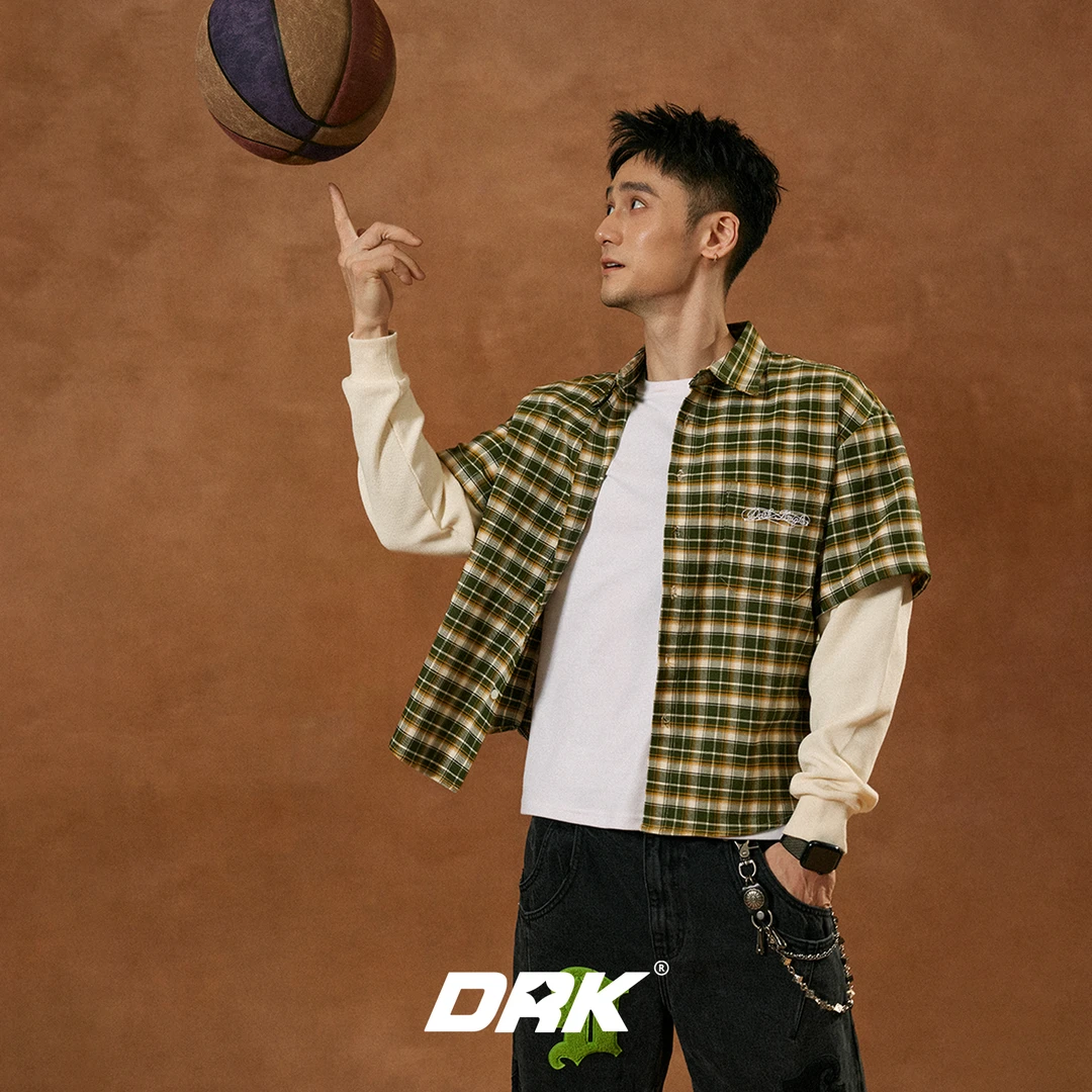 DRK【回溯系列】假两件格子衬衫男士时尚复古长袖秋季潮流拼接格纹